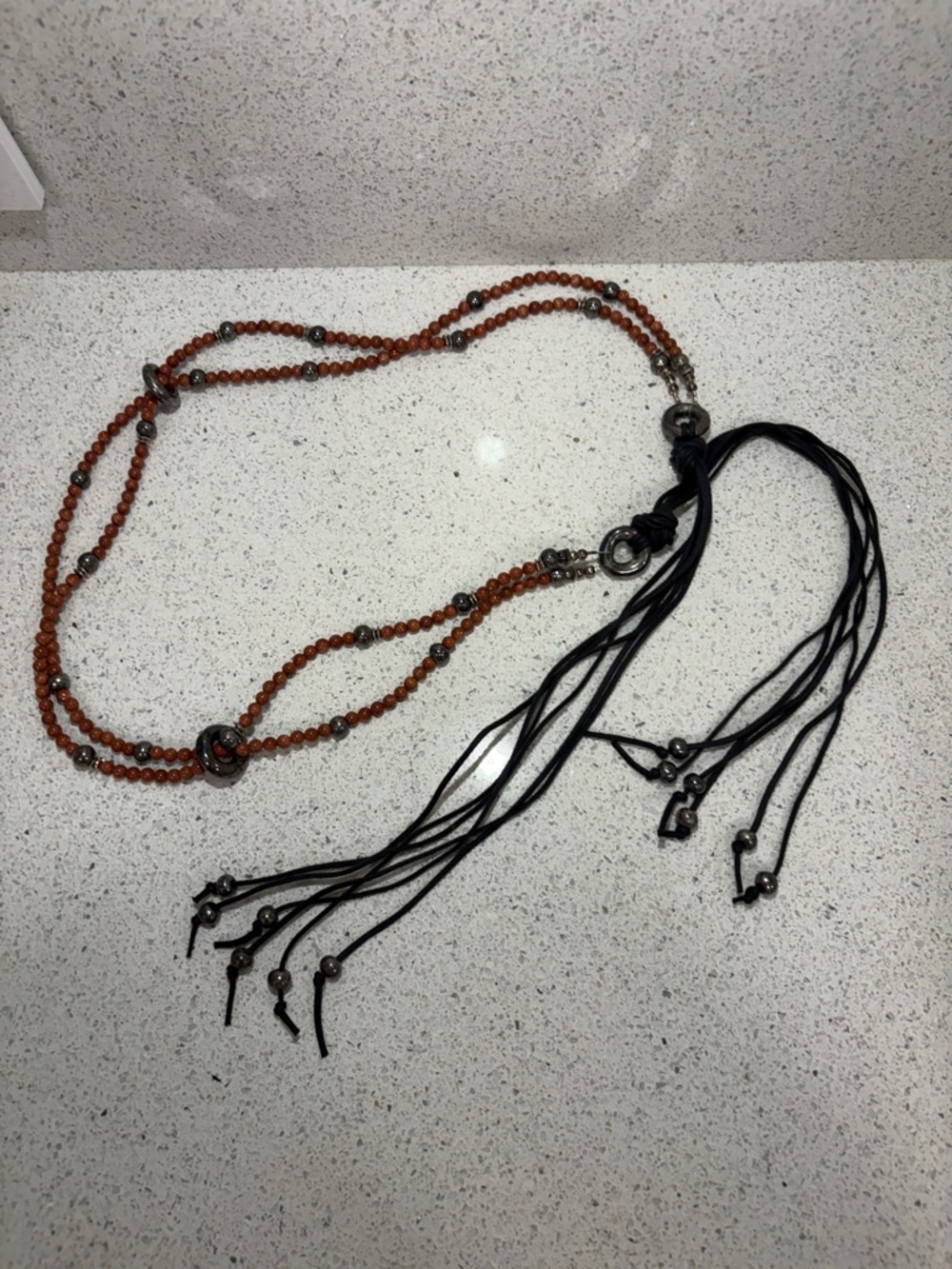 Beaded Tassel Necklace in Amber Brown